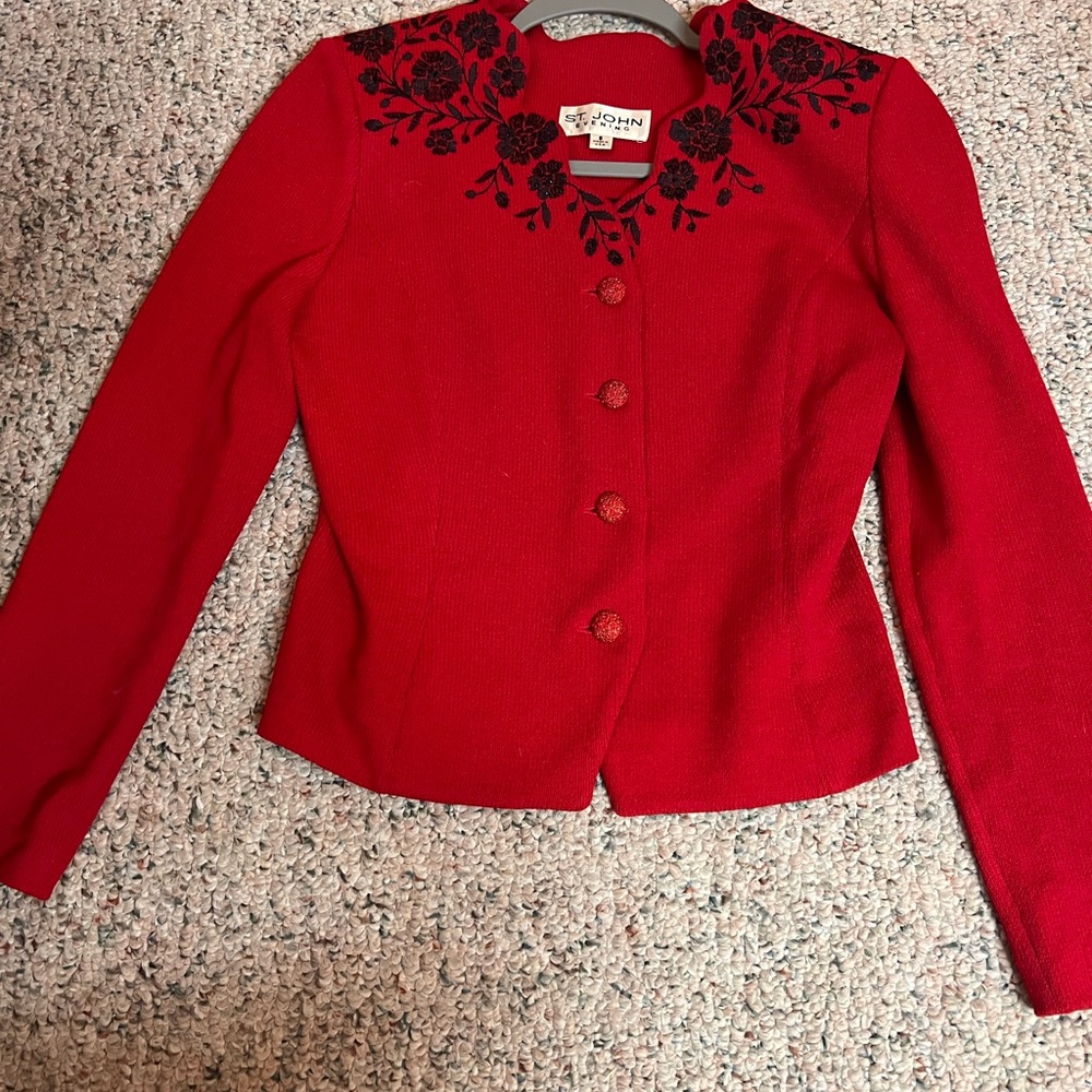 St. John Evenings Red Floral Embroidered Women's Jacket Size 6